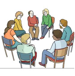 Grafik: Sieben Menschen sitzen in einem Stuhlkreis und reden miteinander.