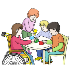 Grafik: Vier Kinder sitzen um einen runden Tisch und spielen mit bunten Bauklötzen. Ein Mädchen sitzt im Rollstuhl.