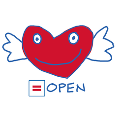 Logo des Projekts: Rotes Herz mit Flügeln und Schriftzug Open (englisch für offen)
