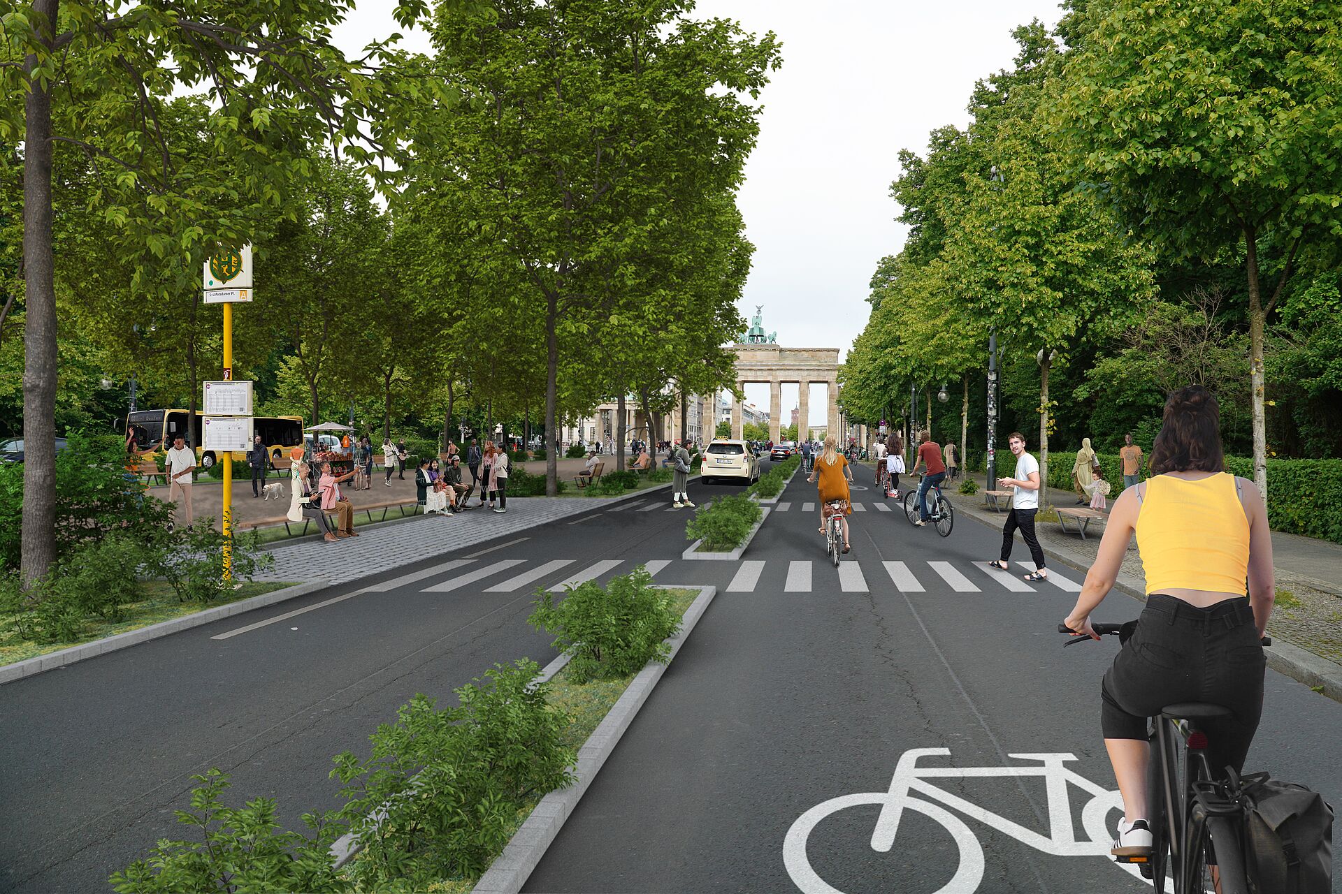 Autofreie Vision der Straße des 17. Juni in Berlin mit viel Begrünung und Radwegen