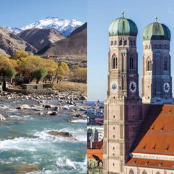 Bildcollage: Landschaft in der Nähe von Kabul und die Frauenkirche in München
