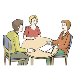 Grafik: Drei Menschen sitzen an einem runden Tisch und reden miteinander. Auf dem Tisch liegen Papierblätter.