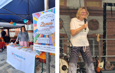 Bildercollage: Eine Frau steht hinter einem Infostand unter einem blauen Pavillon. Auf dem Tisch liegen Flyer und bunte Materialien aus. Daneben steht ein Plakat mit Informationen zu einem Tag der offenen Tür. Zweiter Teil der Collage: Eine Frau spricht auf einer Bühne in ein Mikrofon und lächelt ins Publikum. Hinter ihr stehen Musikinstrumente, darunter ein Bass.