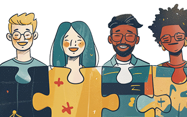 Illustration von vier unterschiedlichen Personen, die nebeneinander stehen und jeweils ein großes Puzzleteil vor sich halten. Die Teile greifen ineinander und symbolisieren Zusammenhalt, Vielfalt und Zusammenarbeit.